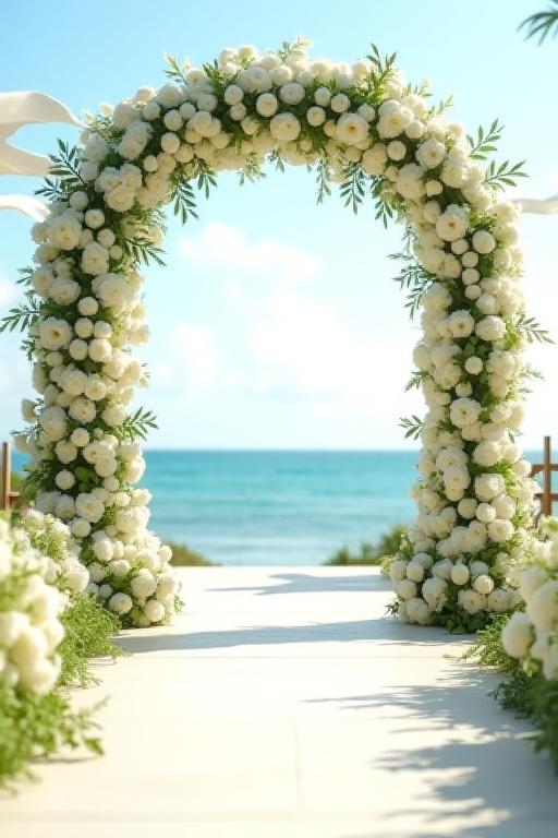 白い花で飾られた結婚式のアーチ